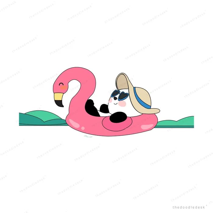 Panda in a straw hat lounging on a pink flamingo pool float