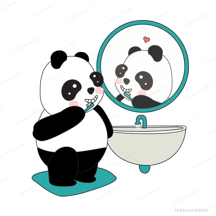 Panda brushing its teeth at a bathroom sink in front of a round mirror