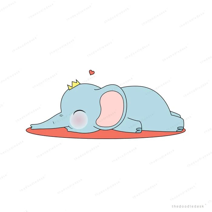 Elephant in a small crown sleeping stretched out on a red mat