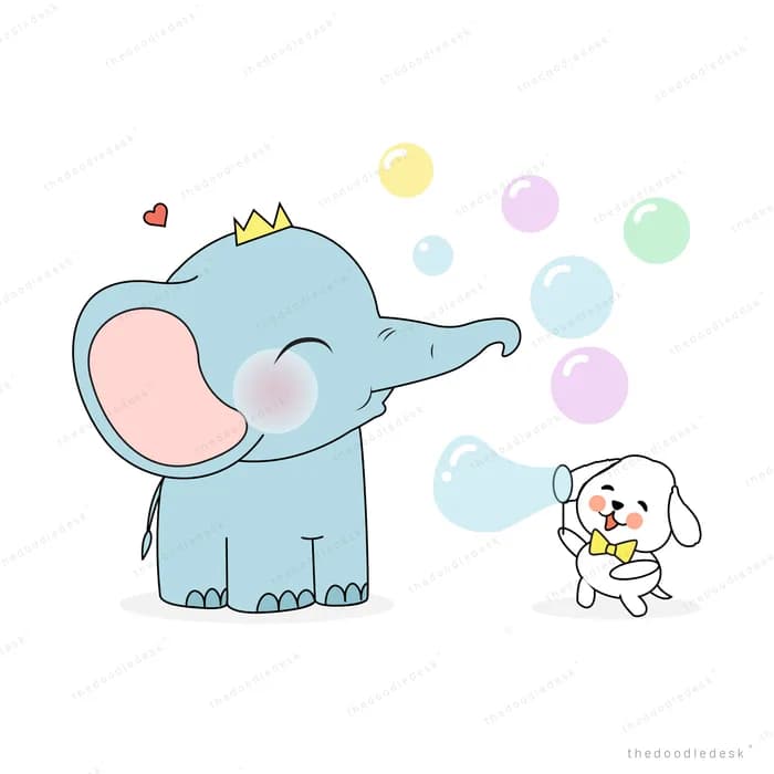 Elephant in a crown blowing soap bubbles beside a small white dog