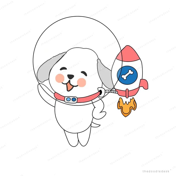 White dog in an astronaut suit floating beside a small rocket