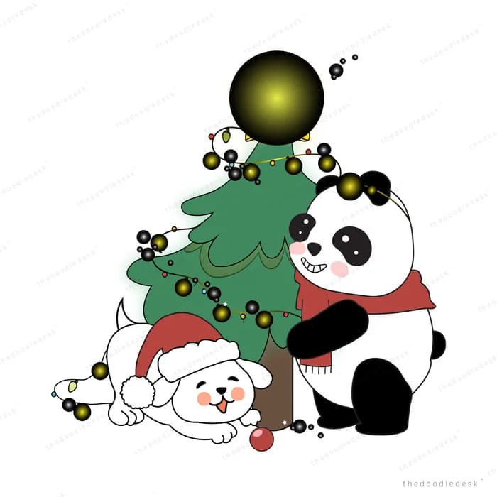 Panda and white dog in red scarves beside a decorated christmas tree