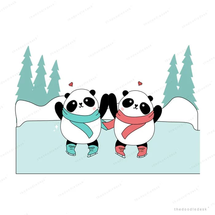 Two pandas in red scarves facing each other with hearts in a snowy pine landscape