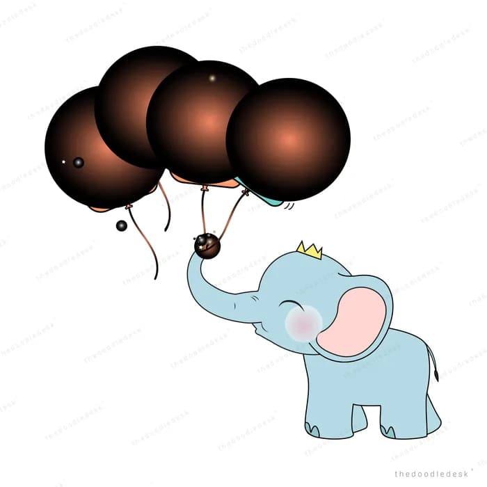 Elephant holding a bunch of dark round balloons by their strings