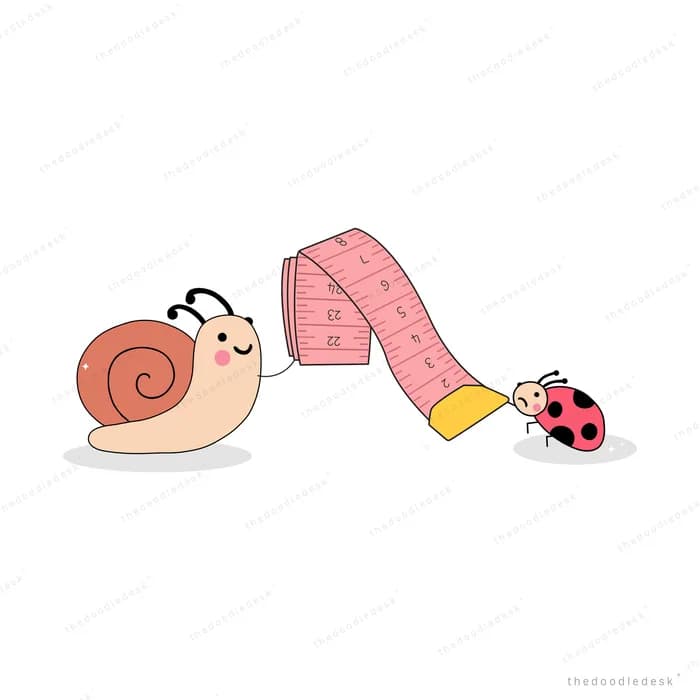Snail unrolling a long pink measuring tape held at the far end by a ladybug