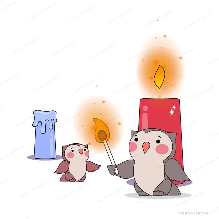 Two small birds lighting a tall red candle with a match beside a blue candle