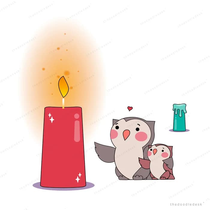 Two small birds standing beside a lit red candle with a glowing flame