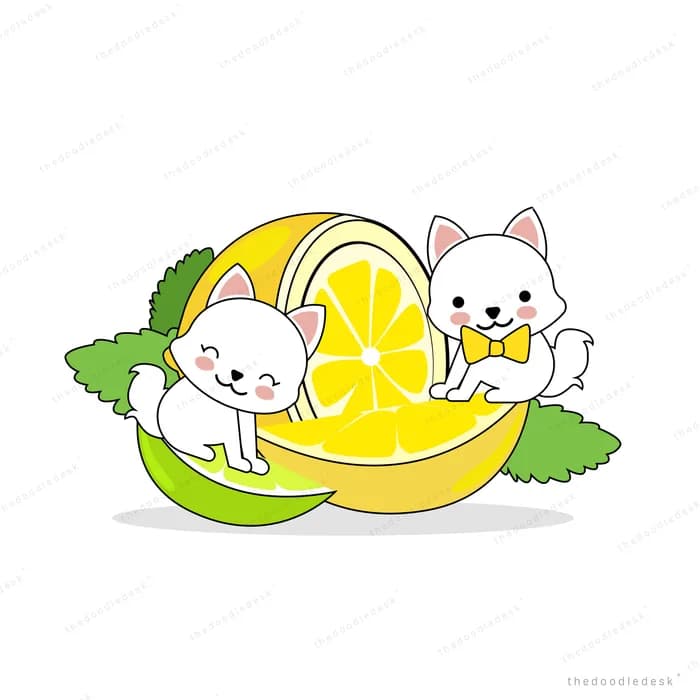 Two white cats perched on a halved lemon with mint leaves