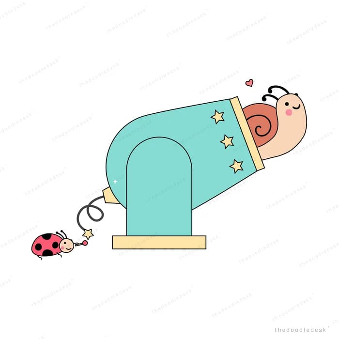 Snail asleep on a teal bed while a ladybug tugs a cord below