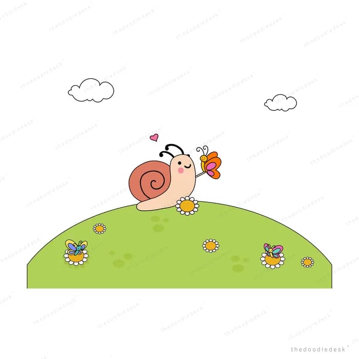 Snail crawling over a green grassy mound with flowers under drifting clouds