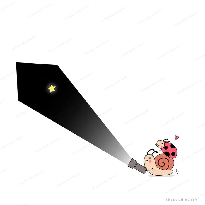 Snail and ladybug shining a torch beam up into a dark sky at a single star