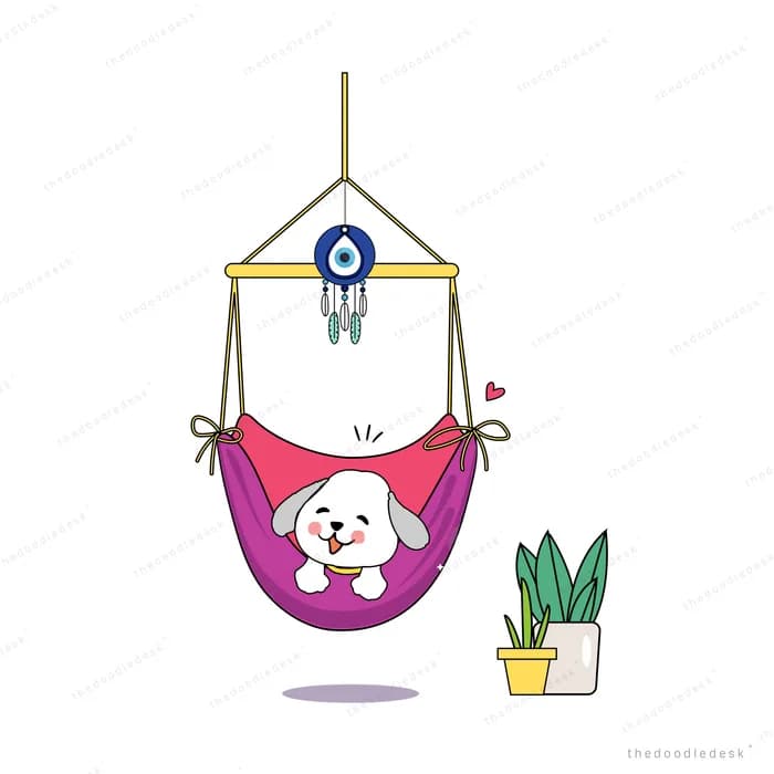 White dog resting in a hanging pink hammock swing beside a potted plant