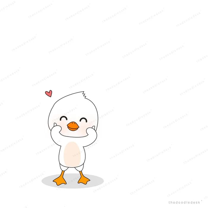 White duckling standing upright with a small heart above its head