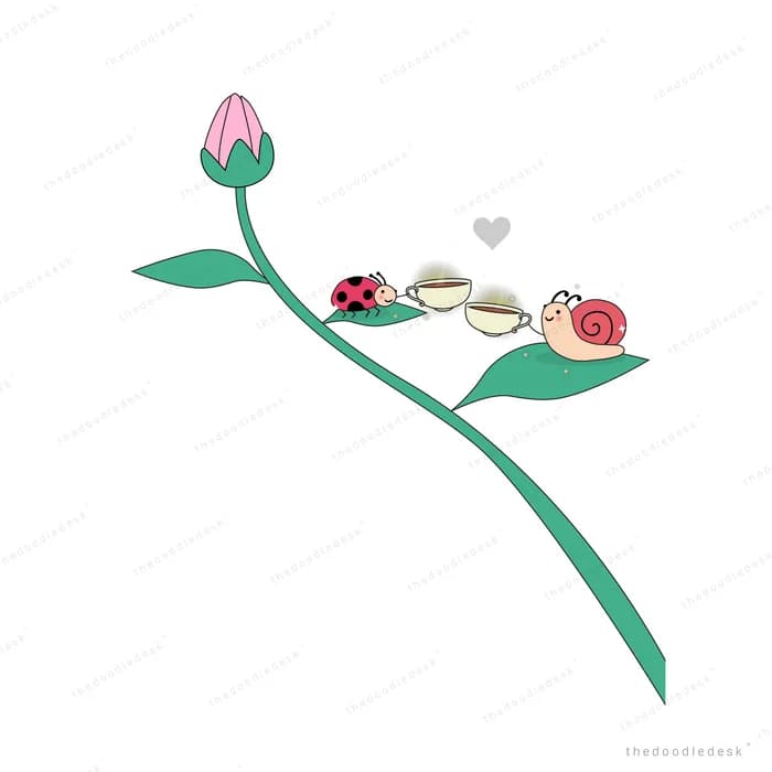 Ladybug and snail resting on a curved flower stem with sunglasses between them