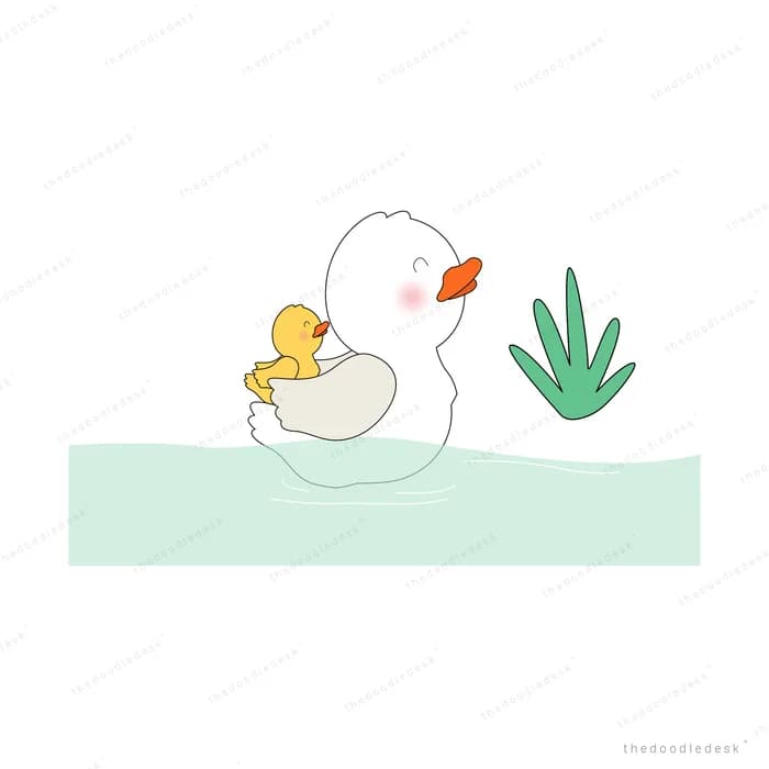 White duck and duckling standing on a pale green bank with reeds