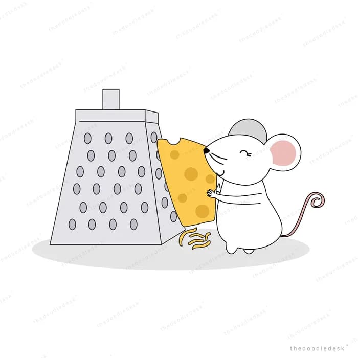 Mouse holding a wedge of cheese against a tall metal box grater