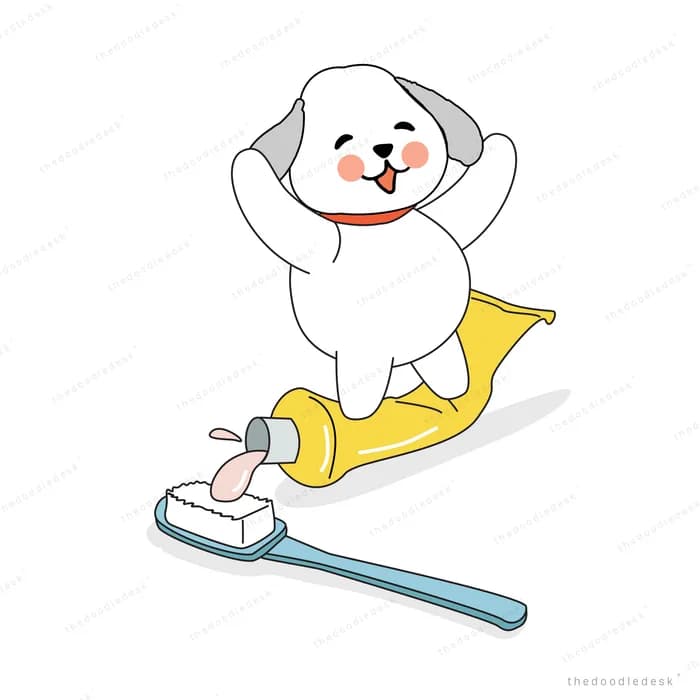 White dog standing on a yellow toothpaste tube beside a toothbrush
