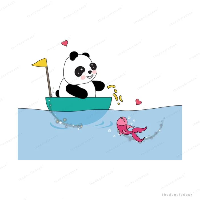 Panda paddling a small boat on blue water with a pink fish alongside