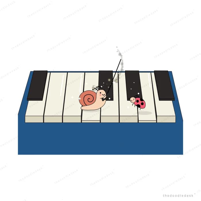 Snail and ladybug crawling across the keys of a blue piano with music notes rising