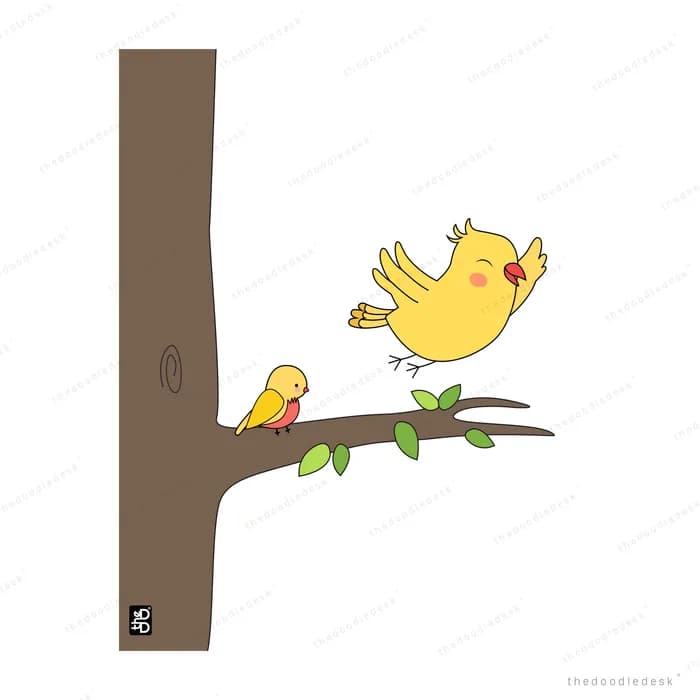 Two yellow birds perched on a leafy branch of a bare tree trunk
