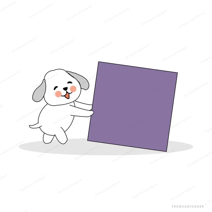 White dog standing upright holding a blank purple board