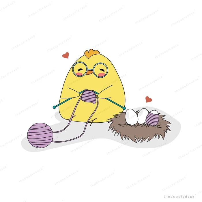 Yellow chick in glasses knitting with yarn beside a nest of eggs