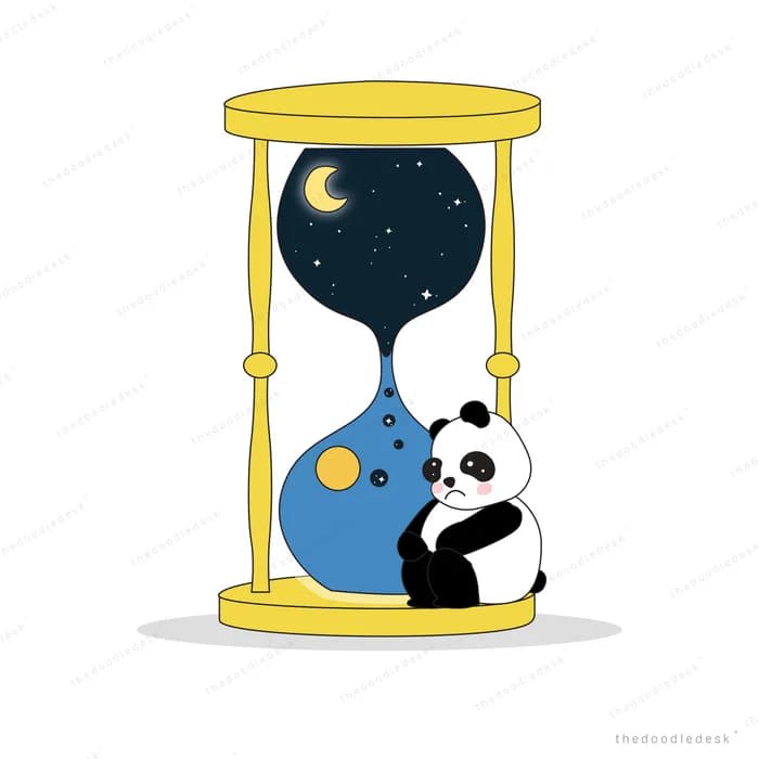 Panda sitting inside the lower bulb of a gold hourglass whose top holds a night sky