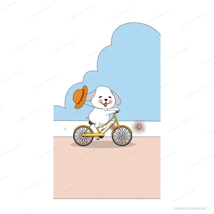 White dog in a straw hat riding a bicycle against a blue sky panel