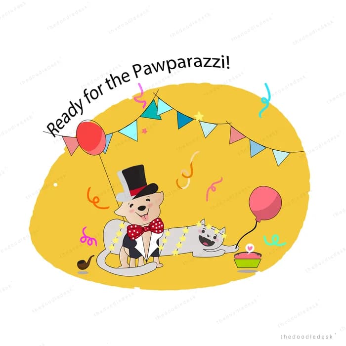 Dog in a top hat and bow tie posing with a cat under bunting and balloons on a yellow field