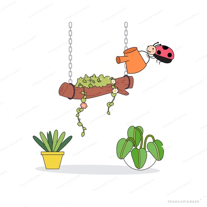 Ladybug watering a hanging planter above two potted plants