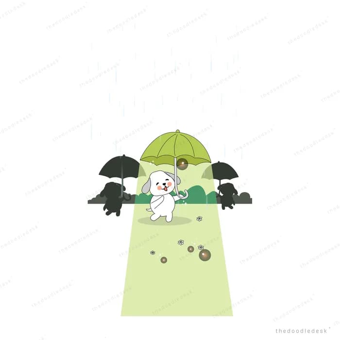 White dog sitting under a green umbrella in a cone of light framed by dark bushes
