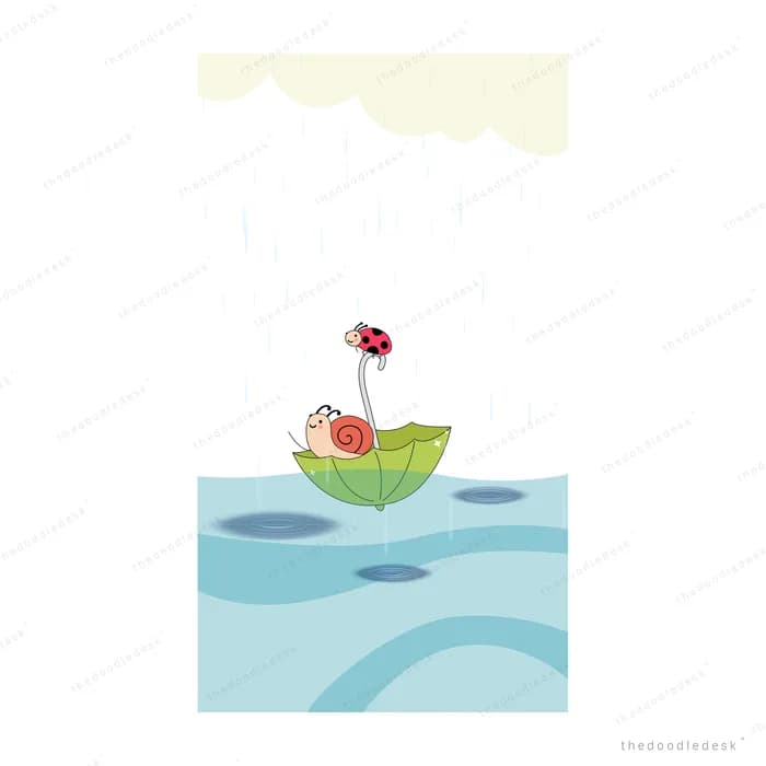 Snail and ladybug riding a green leaf boat across a pale blue pond