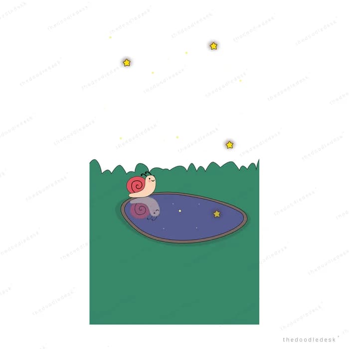 Snail floating on a dark pond inside a green field with glowing dots above