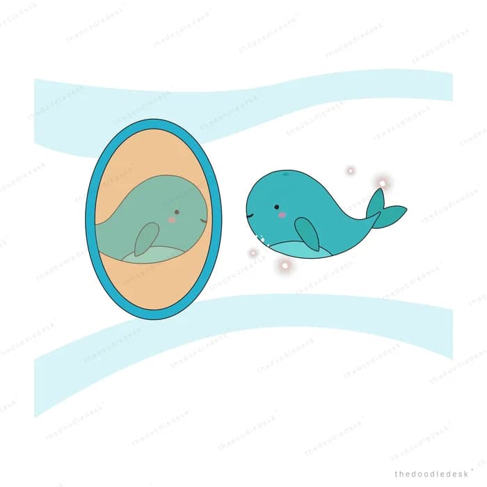 Small whale looking into an oval mirror that reflects a larger whale among wave ribbons