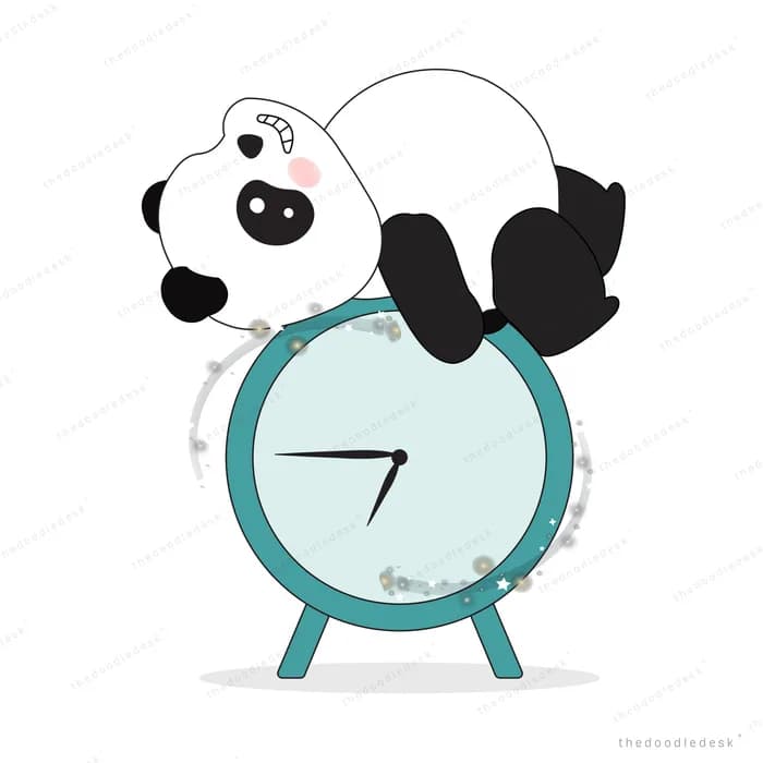 Panda draped sleepily over a large teal alarm clock
