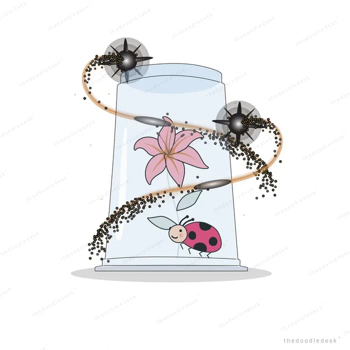 Ladybug trapped under an upturned glass with a pink lily and swirling gold trails