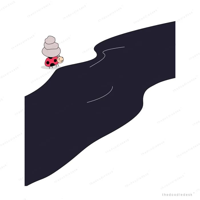 Ladybug carrying a stack of pale scoops along the edge of a dark night hillside