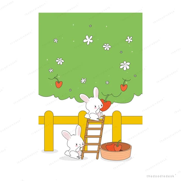 Two white rabbits climbing a ladder over a yellow fence toward an apple tree