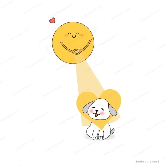 White dog in a yellow heart-shaped hood standing in a beam from a smiling sun