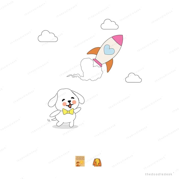 White dog in a bow tie watching a rocket climb through the clouds