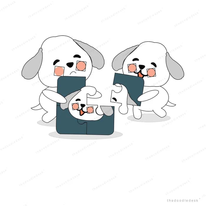Three white dogs playing with dark tablet screens together