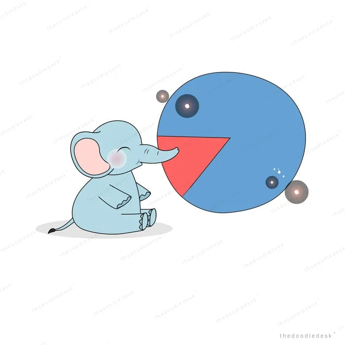 Elephant sitting face to face with a big blue open-mouthed circle