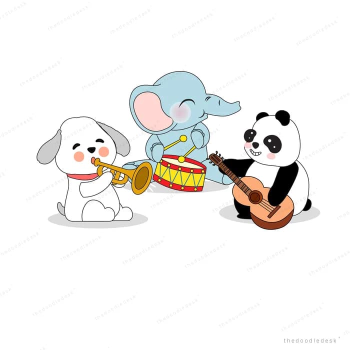 Dog playing a trumpet elephant on a drum and panda with a guitar in a small band
