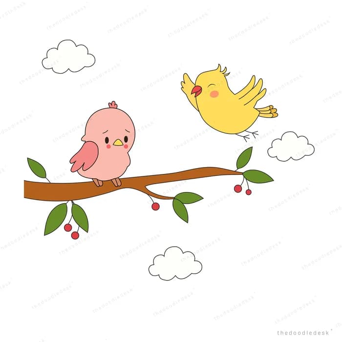Pink and yellow birds perched on a berry branch among clouds