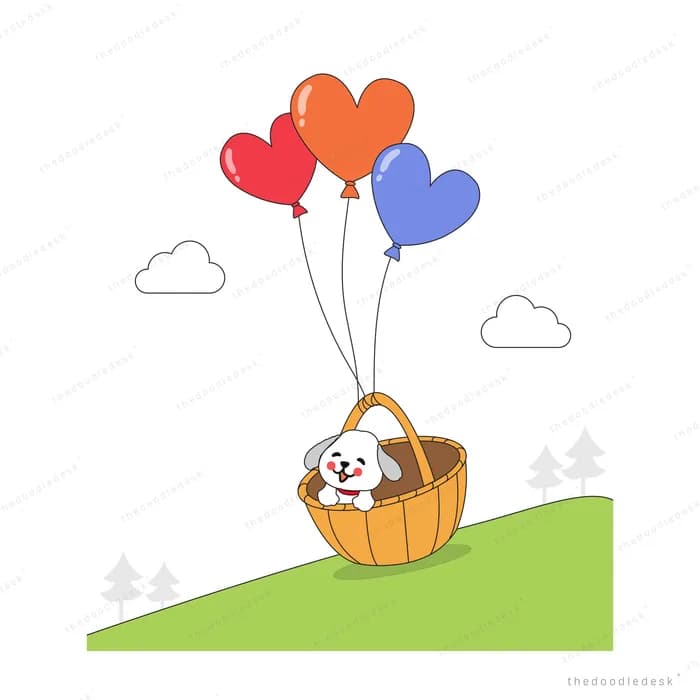 Small dog riding a wicker basket lifted by heart balloons over a green hill