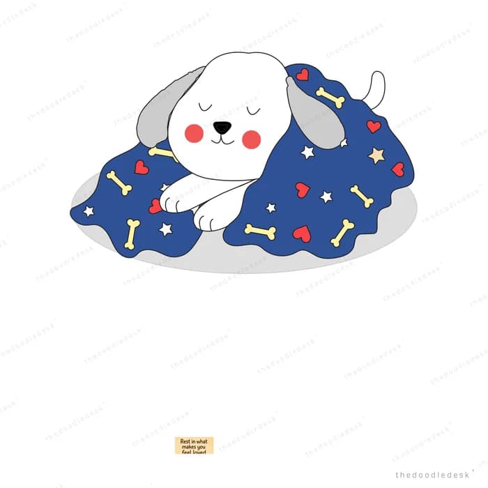 White dog asleep under a navy blanket printed with bones and stars