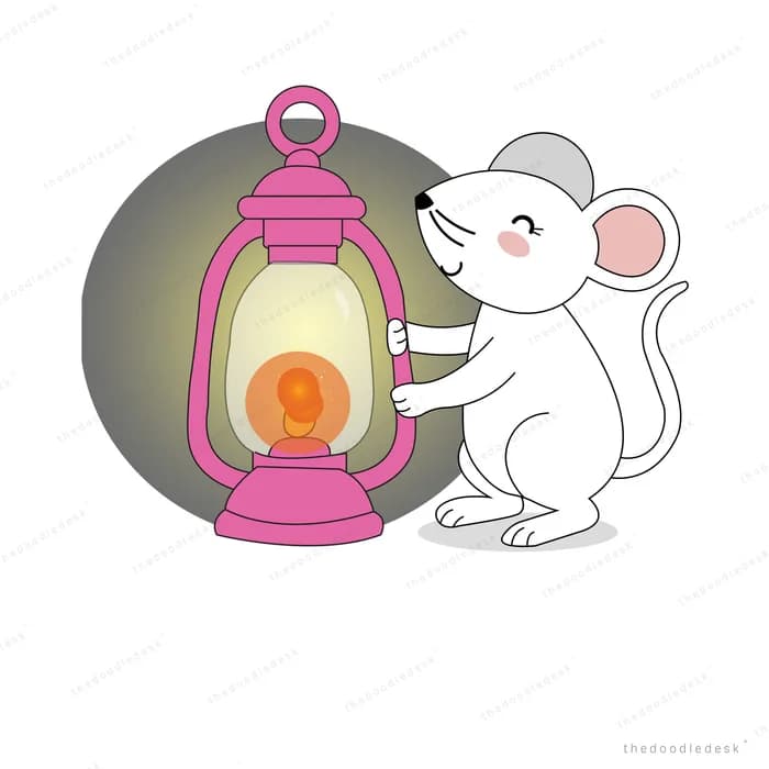 White mouse leaning against a glowing pink oil lantern in the dark