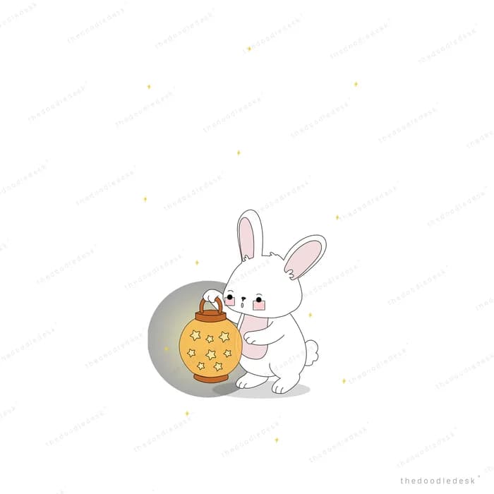 White rabbit holding a glowing orange lantern in front of a full moon