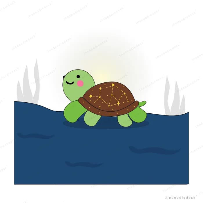 Turtle resting on dark blue water in front of a large pale moon with reeds