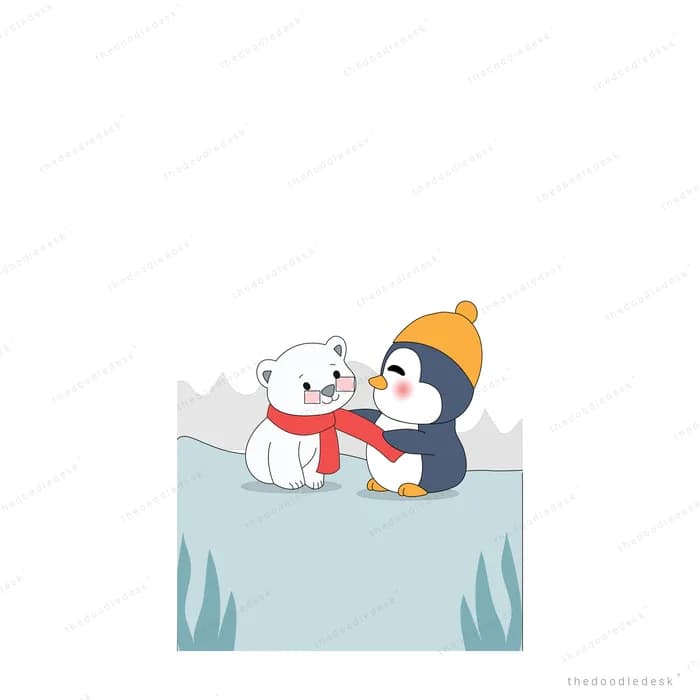 Polar bear in a red scarf and penguin in an orange hat sitting together on an ice ledge